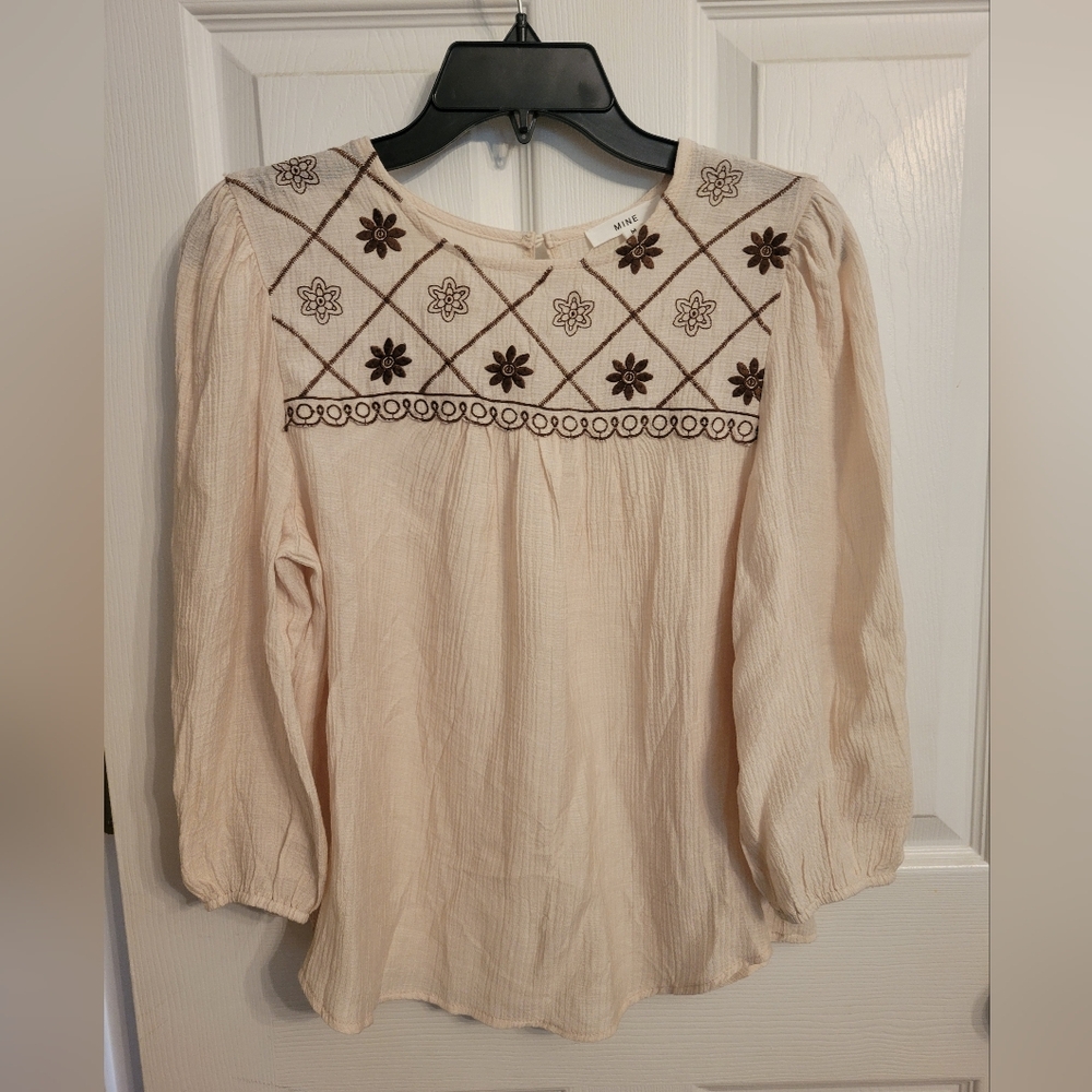 Mine Beige Blouse with Stunning Dark Brown Embroidery